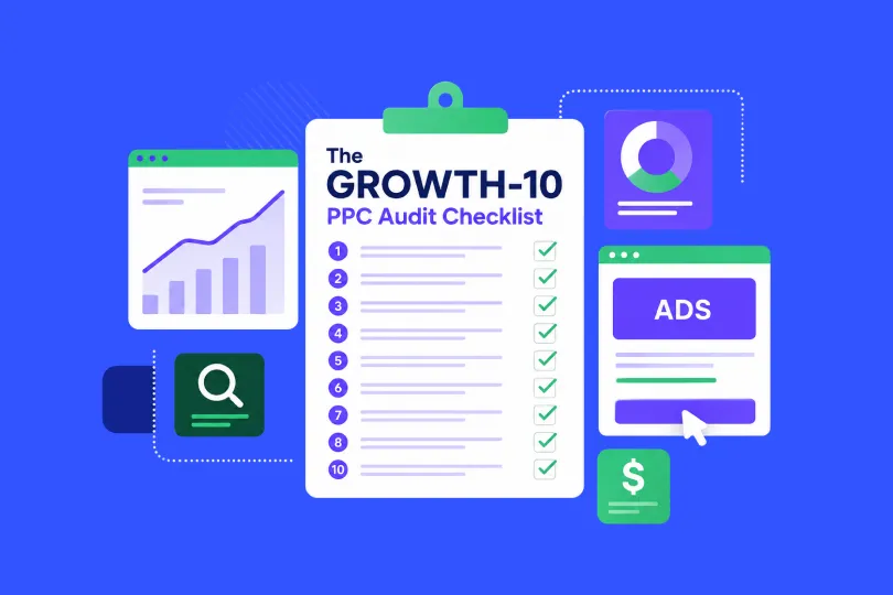 Illustration of The Growth-10 PPC Audit Checklist on a clipboard with ten ticked items, surrounded by charts, an ads panel and search icons