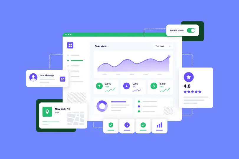 Illustration of a marketing analytics dashboard with performance metrics, charts and notification cards