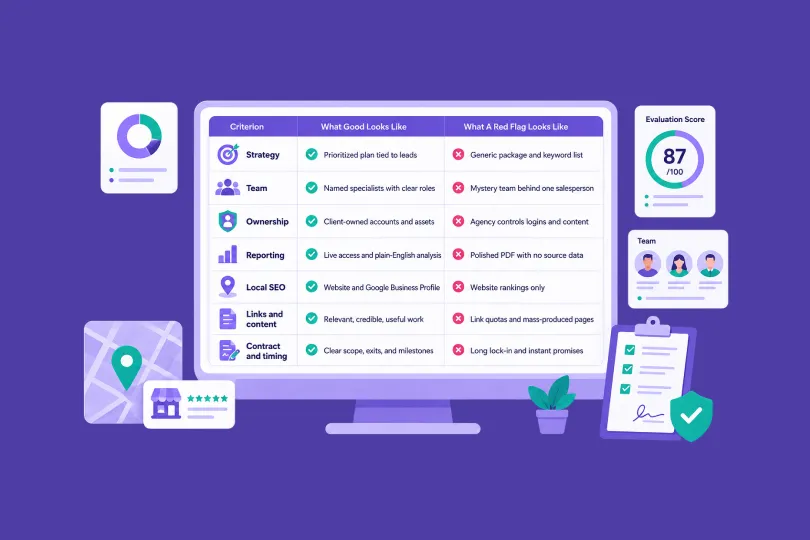 Comparison table on a monitor showing seven SEO agency criteria โ strategy, team, ownership, reporting, local SEO, links and content, and contract terms โ with what good looks like against what a red flag looks like.