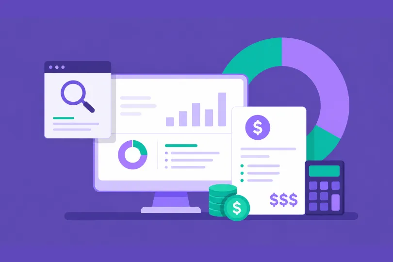 Illustration of SEO cost analysis โ a dashboard with performance charts, a pricing document, stacked coins, a calculator and a donut chart breaking down budget allocation.