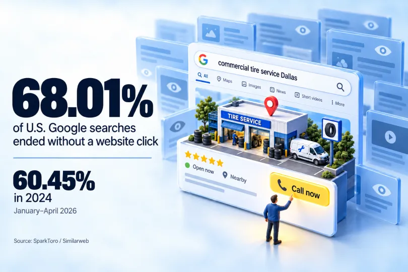 Chart graphic showing 68.01 percent of US Google searches ended without a website click, January to April 2026, up from 60.45 percent in 2024