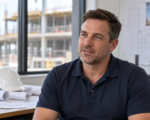 Man in a navy polo speaking in a site office, with a hard hat, building plans and a construction site behind him.