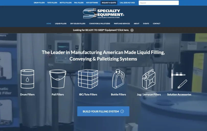 Specialty Equipment homepage showing liquid filling and conveyor system product categories