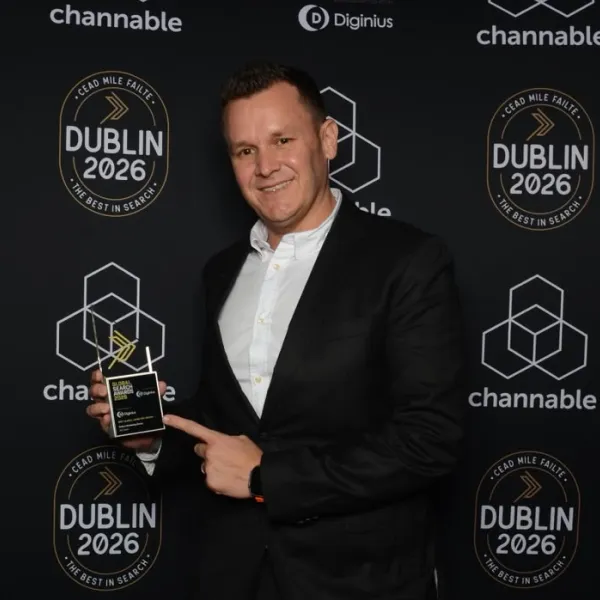 Ryan Alborough at Online Marketing Gurus, holding the Best Global Large PPC Agency trophy at the 2026 Global Search Awards in Dublin