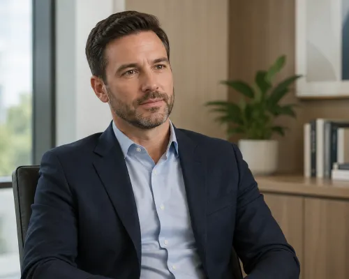 Professional services consultant in a navy suit seated at OMG office