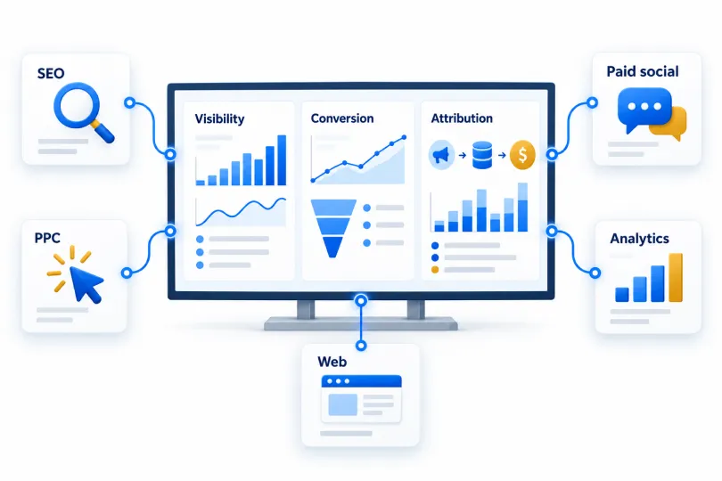 SEO, PPC, paid social, web and analytics feeding one marketing dashboard that tracks visibility, conversion and attribution
