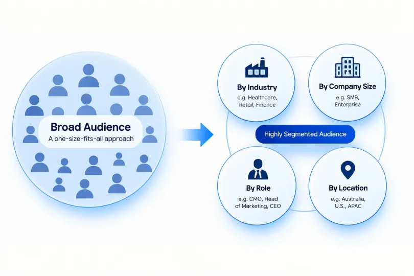Diagram showing a broad audience being split into a highly segmented audience by industry, company size, role and location.