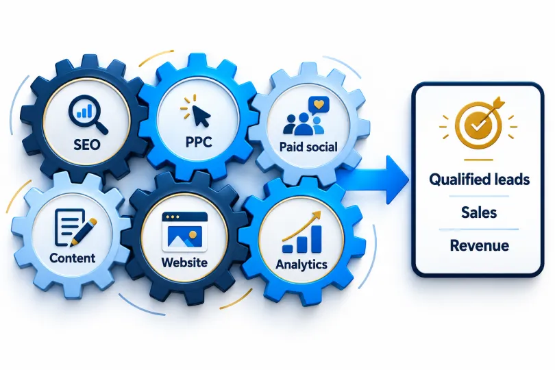 SEO, PPC, paid social, content, website and analytics shown as connected gears driving qualified leads, sales and revenue