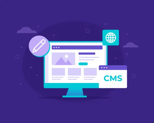 Illustration of a computer monitor displaying a website layout with CMS editing icons.