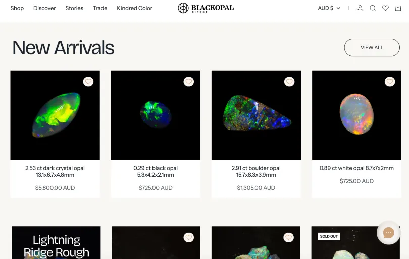 Blackopal Direct website New Arrivals section showing four loose opals with prices in Australian dollars.