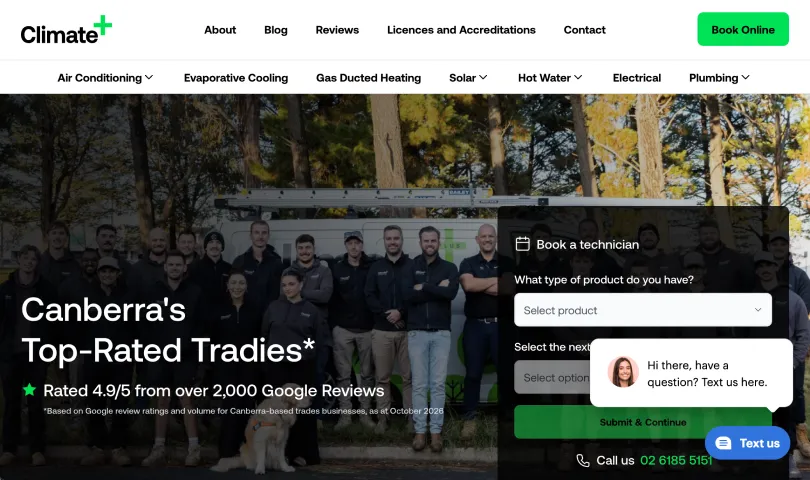 Climate+ homepage showing the headline Canberra’s Top Rated Tradies, a 4.9 out of 5 Google rating and an online booking form.
