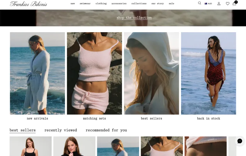 Frankies Bikinis ecommerce website showing swimwear collections and best sellers