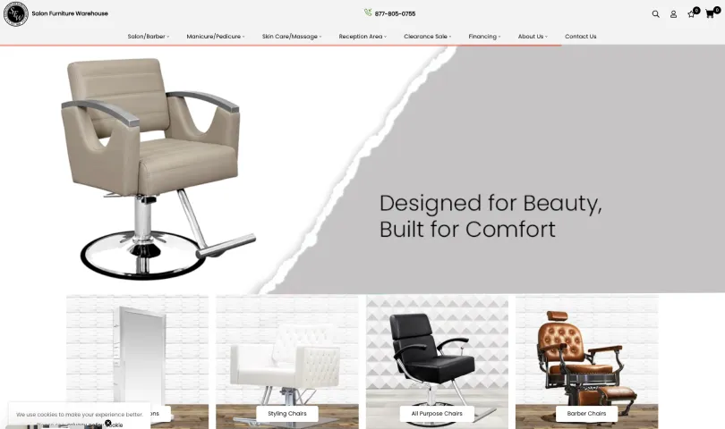 Salon Furniture Warehouse homepage showing a beige styling chair and product categories.