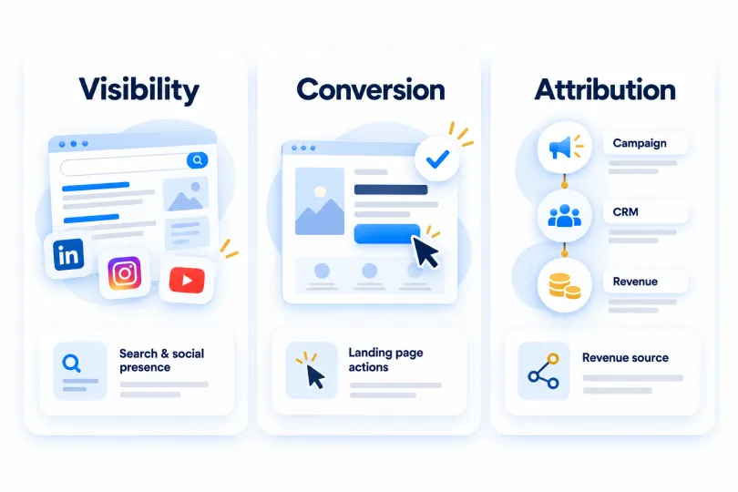 Three panels showing visibility across search and social, conversion through landing page actions, and attribution from campaign to CRM to revenue